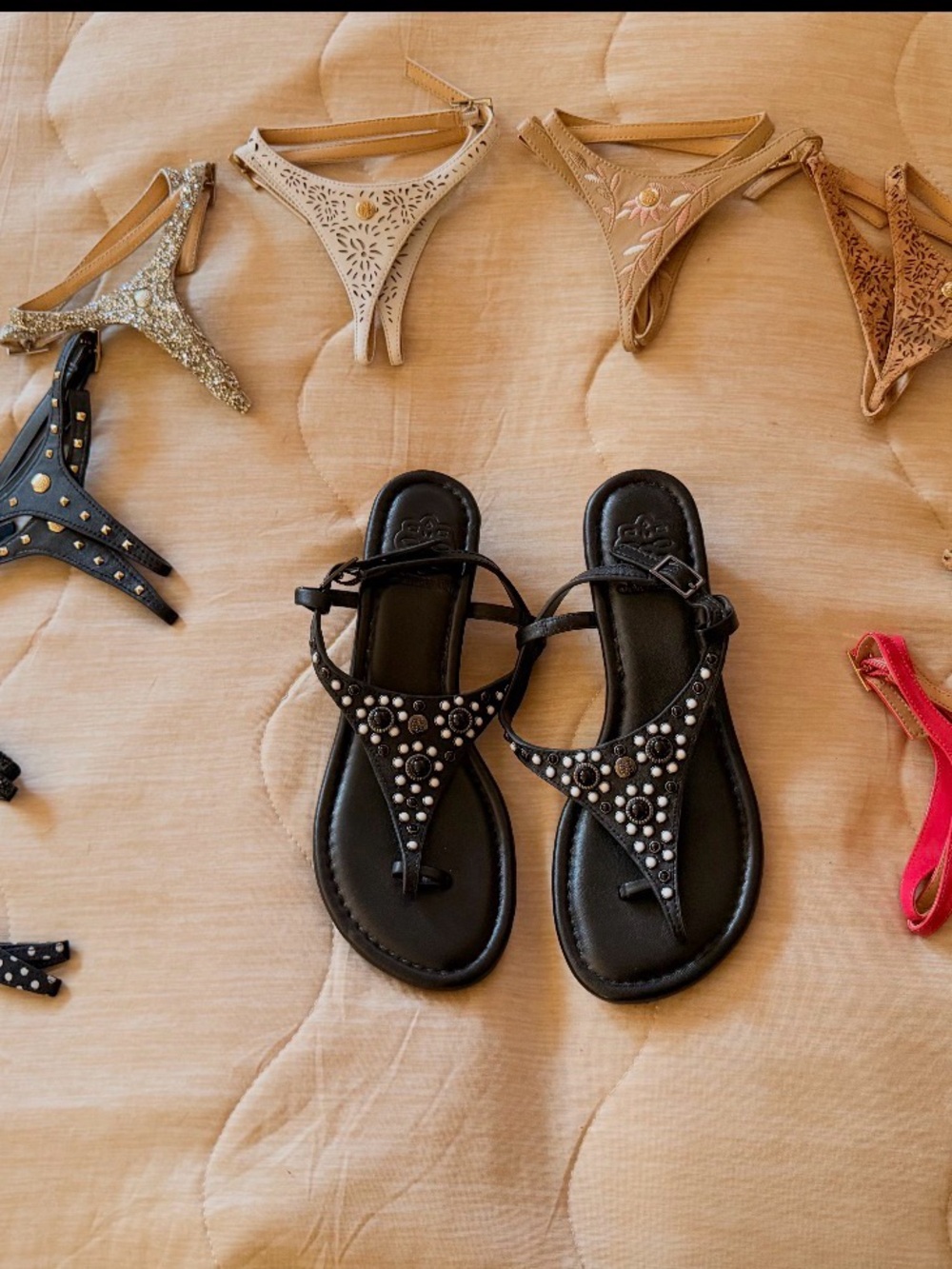 Cambiami Black & 2 pairs  of Tan Studded T-Strap Women's Sandals 12 straps
